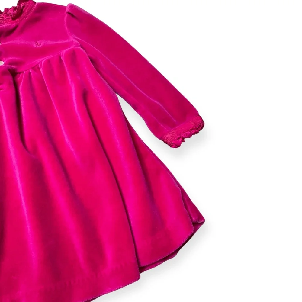 Ralph Lauren Baby Girls‎ Velvet Dress Fuchsia Pink Ruffle Trim Long Sleeve 12M